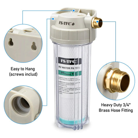 Real Deal Rv Water Filter Kicks Out Chlorine And Lead While Serving Hella Clean Taste Uses A Slick Nsf Certified Carbon Block For Marine Garden And Pet Safe Water with transparent design and brass hose fitting.