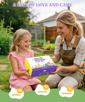 Adult handing box labeled '8 Piece Kids Gardening Set With Real Metal Tools' to child, outdoor garden setting, bright day.