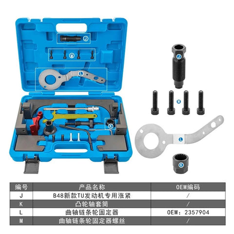 Upgrade Your Ride With This Awesome Camshaft Engine Timing Tool Set Designed For BMW B38 B48 B58 Engines Perfect For 3 Series, 5 Series Family Cars Or Any Street Racer Looking To Fix Minor Daily Malfunctions Without Breaking The Bank While Sturdy And, blue plastic case with BMW B48 timing tools, steel pins, bolts, and alignment plate