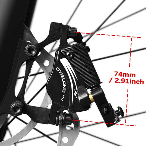 DYISLAND XT-7 black brake caliper mounted on a mountain bike wheel with 74mm reach.