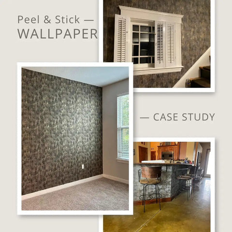 Peel And Stick Wall Covering With Industrial Textured Metallic Look In Charcoal And Gold Adhesive Distressed Wallpaper Roll About Twenty Nine Square Feet Coverage Easy Install Seventeen Point Seven Inches Wide By Two Hundred Thirty Six Inches Long in living room and kitchen settings.