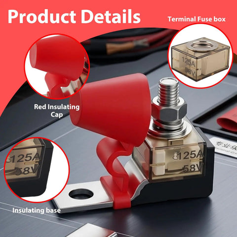 Heavy Duty 125A MRBF Terminal Fuse Block For 58V DC Systems Featuring Single M8 Stud with red insulating cap and base.