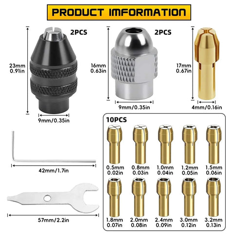 High Performance Keyless Collet Set For 0.8 To 3.2mm Bits showing collets, sizes, brass material, and tools for rotary use.