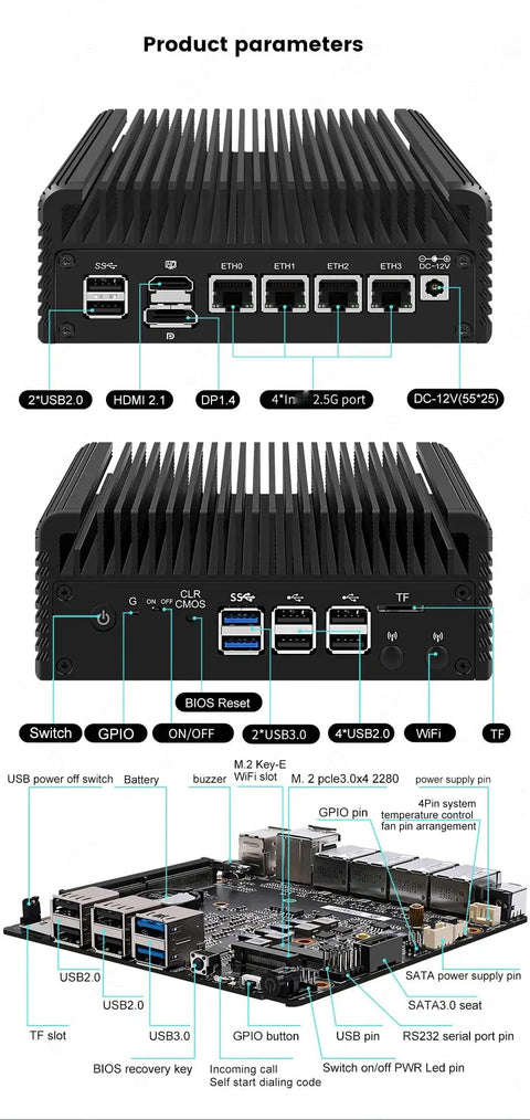 12th Gen Intel N150 Mini PC Barebone Desktop back view showing ports, connections, and specifications for home office setup.