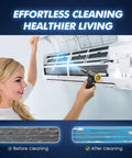 Person cleaning air conditioner with Electric Air Duster Boss 110,000 RPM 120W Cordless Blower For PCs Keyboards Home Car 3 Speed Modes Rechargeable Mini Turbo Fan With Type C Fast Charge X113 Great For Dust Removal From Computer Towers CPUs Fans Desktops And More, showing before and after cleaning results.