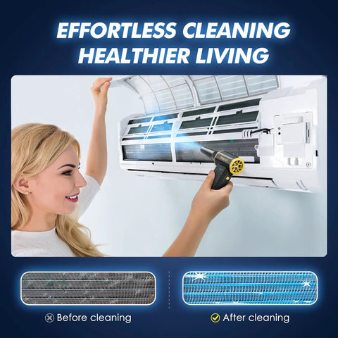 Person cleaning air conditioner with Electric Air Duster Boss 110,000 RPM 120W Cordless Blower For PCs Keyboards Home Car 3 Speed Modes Rechargeable Mini Turbo Fan With Type C Fast Charge X113 Great For Dust Removal From Computer Towers CPUs Fans Desktops And More, showing before and after cleaning results.