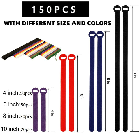 Must Have 150 Piece Cable Tie Set With 4 6 8 10 Inch Reusable Hook And Loop Wire Straps In Assorted Colors
