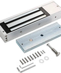 Heavy Duty Access Control Kit With Remote And 1200 Pound Fail Safe Electromagnetic Lock components including lock, screws, and wrench.