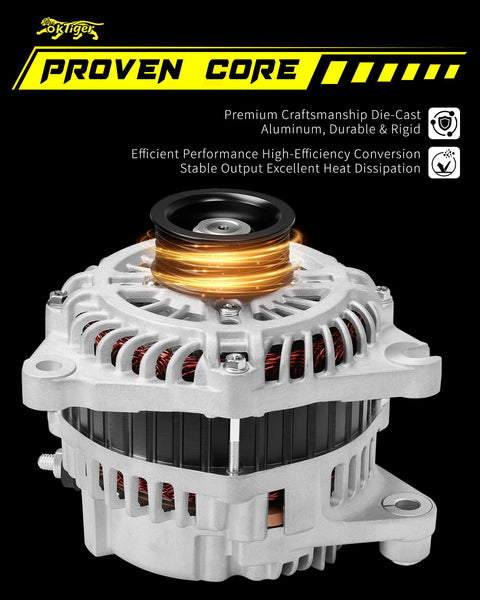Beefed Up 110A Clockwise Alternator Replacement For Mazda CX Nine Grand Touring Sport Touring 2007 Through 2015 12 Volt High Output With 6 Groove Pulley OE Part A003TJ2391 Drop In Fit Durable Reliable Power showing front view with die-cast aluminum construction.