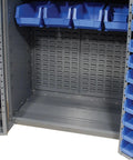Heavy Duty Deep Door Bin Storage Cabinet Assembled With 156 Blue Plastic Organizers showing inside bins and grey interior.