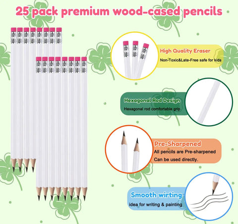25 Pack Value Woodcase Pencils With Erasers Pre Sharpened Hexagon Graphite 2B For Home And Office Writing Includes Free Sharpener White