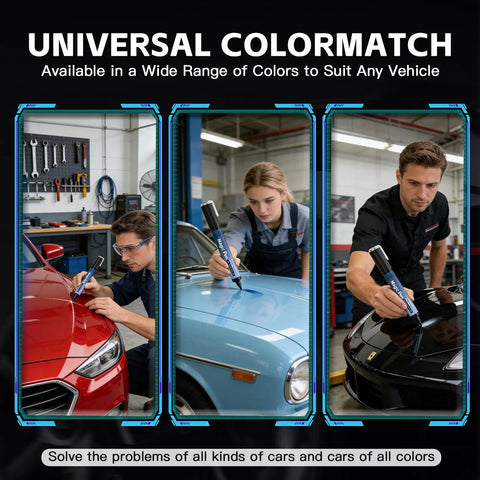 Car Scratch Repair Pen For All Cars, Quick Paint Fix That Covers Scratches And Scuffs, Blends With Your Ride Finish, Weatherproof Seal, 1 Pack Easy To Use Applicator For Quick Car Maintenance in use on red, blue, and black cars.