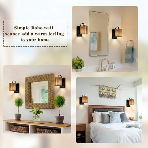 Boho Rattan Wall Sconce With Hemp Rope, Handwoven Rustic Bohemian Modern Wall Light For Living Room, Hallway, Bathroom And Bedroom