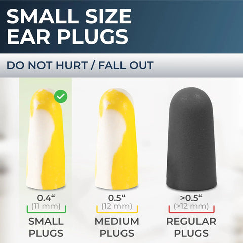 Small Ear Plugs For Sleep Ultra Soft Foam For Small Ears With 32 Decibel Noise Reduction next to medium and regular plugs