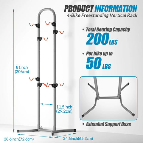 Grab-And-Go Four Bike Rack For Garage And Home, Freestanding Gravity Bicycle Stand, side view showing dimensions and load capacity