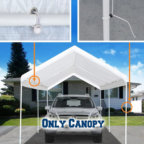 12x20 Carport Replacement Canopy Cover with edge, white top shelter, no frame, ball bungees included, outdoor use