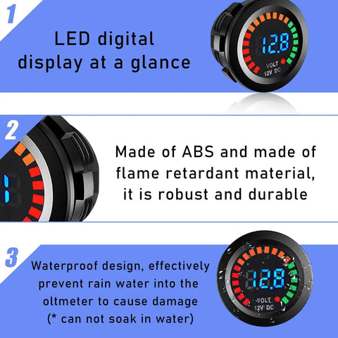 Waterproof DC 12V Voltmeter With LED Digital Display, Round Panel Battery Voltage Tester For Car Motorcycle Boat, Beast Pro Grade Gauge With Terminals, All Weather, Easy Install, Universal Vehicle Voltage Meter showing LED display and waterproof ABS housing