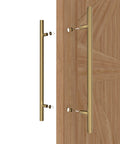 Titanium Gold Round Barn Door Handles Set, Double Sided Pull Push For French Doors And Exterior Shower Doors, shown installed