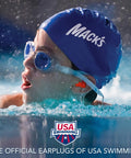 Child swimmer wearing Soft Moldable Silicone Earplugs For Kids Size, blue cap, and goggles, swimming in pool