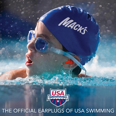 Child swimmer wearing Soft Moldable Silicone Earplugs For Kids Size, blue cap, and goggles, swimming in pool