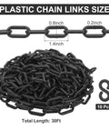 Heavy Duty Black Plastic Chain Links 30 Feet for Barriers and Crowd Control, shown coiled with link dimensions.