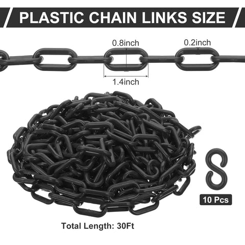 Heavy Duty Black Plastic Chain Links 30 Feet for Barriers and Crowd Control, shown coiled with link dimensions.