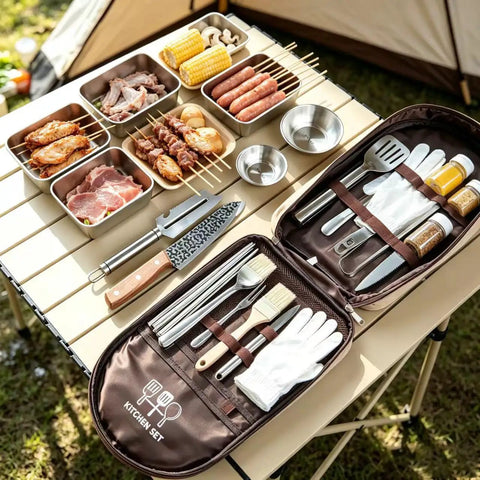 Waterproof Camp Kitchen Knife Bag with large capacity next to outdoor cooking utensils and food on a camp table