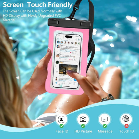 Waterproof Phone Pouch 2 Pack IPX8 Dry Bag Case Fits Any Phone Up To 8.4 Inches used by pool with hands, pink case.