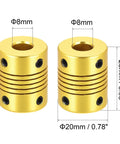 Five Pack 8mm To 8mm Aluminum Shaft Coupling Flexible Coupler Zero Backlash 25mm Long 20mm OD Golden Tone For Small Torque Shafts And DIY Projects For Makers And Hobbyists showing two couplers in golden tone, dimensions labeled.