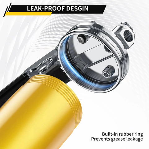 Close-up of Pro Grade Grease Gun Kit With Pistol Grip, 8000 PSI, 14 Oz Load, highlighting leak-proof design and rubber ring