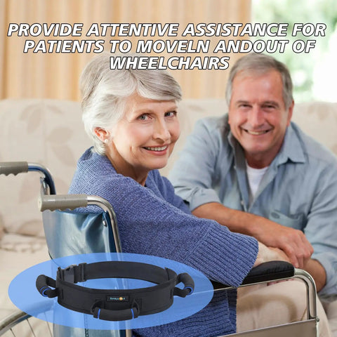 Elderly woman in wheelchair with Gait Belt With Quick Release Buckle For Safe Elderly Transfers And No Fuss Mobility highlighted.