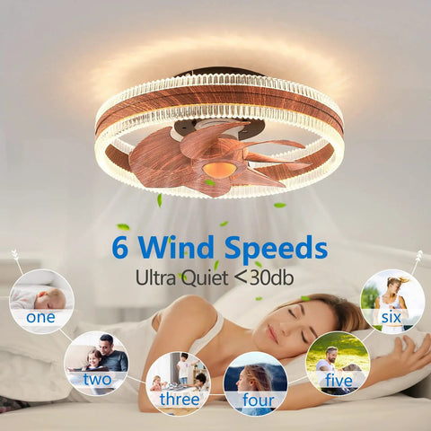 Low Profile Bladeless Ceiling Fan With Light For Kitchen And Bedroom showing 6 speeds and quiet operation in a bedroom setting