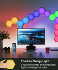 Hexagon LED Wall Panels with Remote and Touch Control, 13 Color RGB Hex Lights Kit in game room setup, 6 USB-powered panels