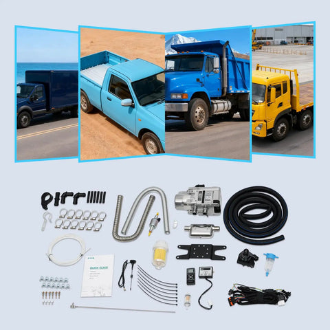 12V 5000W Diesel Cabin Heater Complete Kit With Efficient Air Ducting And Remote Control For Rv Vans And Trucks, parts and accessories displayed.