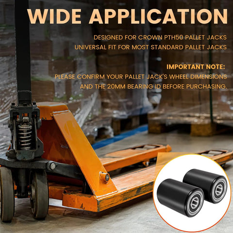 Front Load Wheel Replacement Kit For Pallet Jacks Universal Fit For PTH50 Style and Most Standard Jacks, shown near orange jack