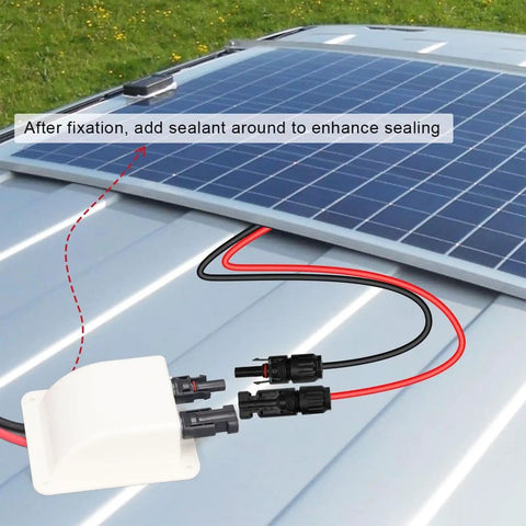 Solar Double Cable Entry Gland Box Waterproof ABS Housing for RV Roofs Boats and Camping with 2M 10AWG Extension Cord and Two Easy Install Options Glue or Screw, mounted on RV roof