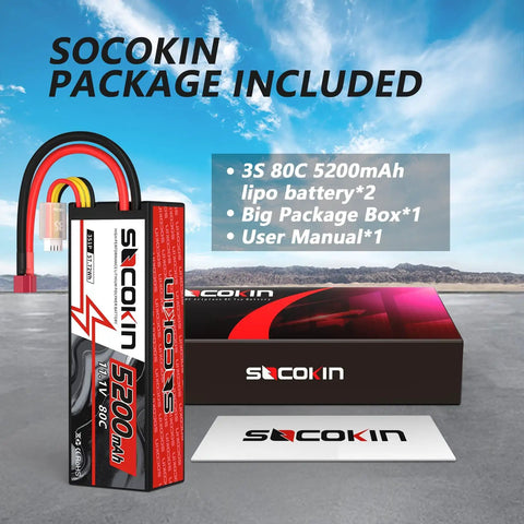 3S 11.1V 5200mAh Lipo Battery With Deans T Connector Beefy Hard Case 80C for RC cars, package includes two batteries
