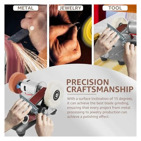 Compact Mini Electric Belt Sander For Desktop DIY Projects with precision craftsmanship for metal and jewelry polishing.