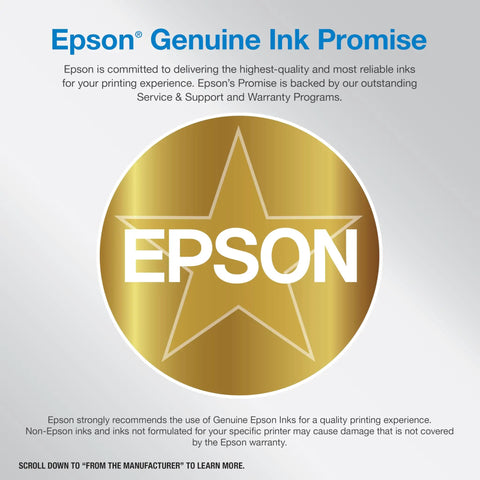 Epson Genuine Ink Promise badge with a gold star endorsing high-quality and reliable inks for Epson printers, as part of warranty support.