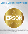 Logo featuring 'Epson Genuine Ink Promise' with a gold star background and text about quality assurance and warranty programs.