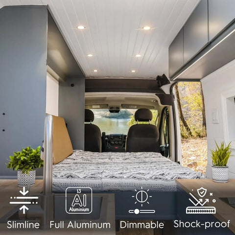 Tough As Nails 2.75 Inch Slim Recessed Ceiling Light With Dimmable LED Puck For RV Camper Van Truck And Cabinets, installed in a camper.