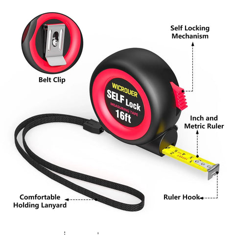 16 Foot Self Locking Tape Measure With Steel Case Retractable Imperial And Metric Scale Mid Precision Easy Read Perfect For Architects Carpenters And DIY Crafts showing belt clip and lanyard