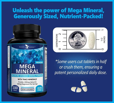 Mega Mineral Supplement Complete Mineral Complex With Calcium Magnesium Zinc Potassium Boron Selenium Chromium And 72 Trace Minerals Iron Free Calcium Supplement 100 Pills bottle and pill size with quarter for scale