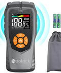 Pinless Moisture Meter For Wood And Masonry, Non-Invasive Detector with LCD Display, batteries, and carrying pouch included.