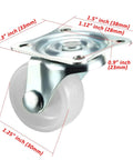 Swivel Caster Wheels 1.25 Inch With Top Plate And Bearing Set 4 Piece Pack Hard Base 1.25 Inch Wheel Diameter 1.5 Inch By 1.3 Inch Top Plate Plastic Wheel With Metal Bearings White And Silver.