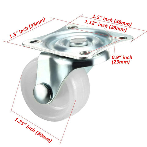 Swivel Caster Wheels 1.25 Inch With Top Plate And Bearing Set 4 Piece Pack Hard Base 1.25 Inch Wheel Diameter 1.5 Inch By 1.3 Inch Top Plate Plastic Wheel With Metal Bearings White And Silver.