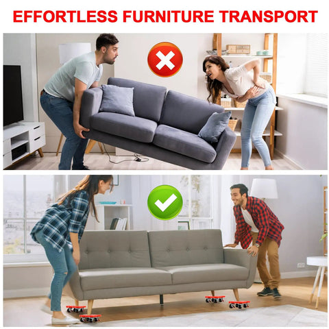 No Sweat Heavy Duty Furniture Mover Sliders With Braked Swivel Wheels and 360 Degree Turn Anti Grip Footpads for gliding couches effortlessly.