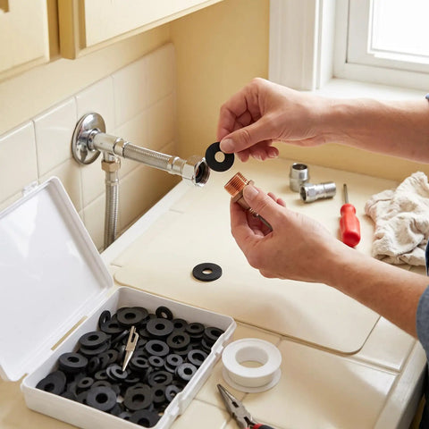 240 Piece Rubber Washers Set In 6 Sizes Black Sealing Gaskets For Plumbing And DIY Repairs Durable Heat Resistant Seals For Home Maintenance Projects Right Now installed on sink hose
