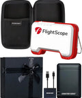 Mevo Portable Golf Launch Monitor And Rangefinder With Signature Gift Bundle, includes EVA case and power bank, shown in white.