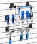 Slatwall Organizer Kit With Hooks Shelves Bins And Baskets Plus Screwdriver Holder For Garage And Room Storage 40 Piece Wall Mounted Setup For Easy Flexible Organization In Garage Or Workshop showing screwdriver and hammer holders